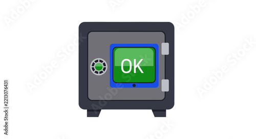 Digital Safe Vault Icon with Green OK Button - Concept for Financial Security, Banking Success and Data Protection