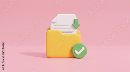 3D Render of File Download Success Icon with Folder and Checkmark