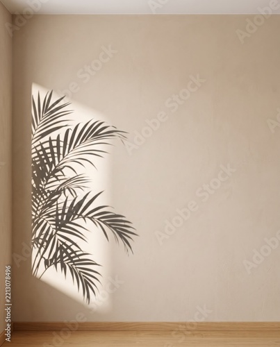 Minimalist beige plaster wall background with natural botanical leaf shadow