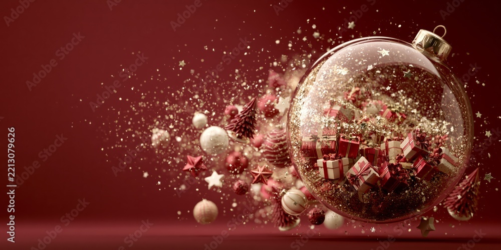 Fototapeta premium Festive glass ornament bursting with tiny presents, stars, and trees amidst golden glitter on a deep red holiday background.