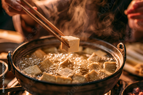Delicious Tofu Cooking in a Sizzling Japanese Hot Pot with Steam