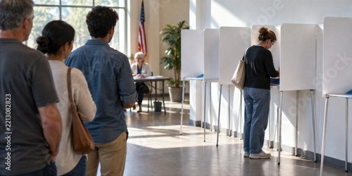 People Standing In Line And Voting At White Booths In A Sunlit Polling Place