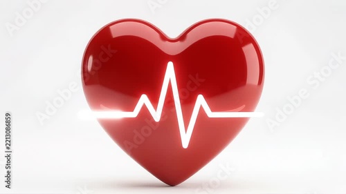 Glossy red 3D heart with a glowing white heartbeat pulse line on a clean white background. Minimalist, modern 3D render style with soft reflections, ideal for cardiology, health care, medicine, love