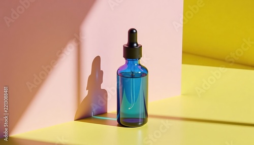 Blue glass dropper bottle on yellow background with copy space