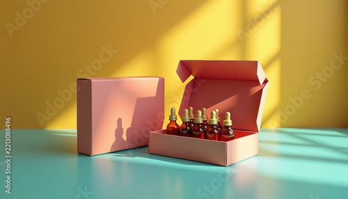 Luxury cosmetic serum bottles in open pink gift box with copy space