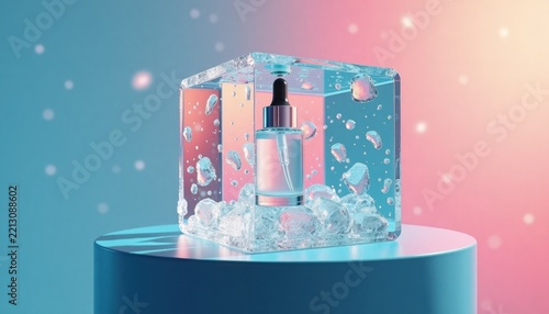 Skincare bottle frozen in ice block with copy space