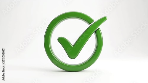 Glossy green 3D check mark inside a circle on a clean white background. Minimalist, modern 3D render style with soft shadows, ideal for approval, success, verification, quality, correct answer 