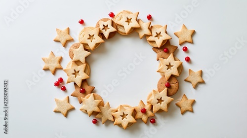 Christmas cookie wreath made of star-shaped shortbread and gingerbread cookies with berry accents on white background Generative AI
