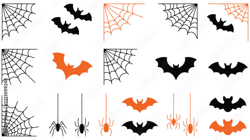 Fototapeta premium halloween spider web corner borders, spooky bat silhouettes and hanging spider icons, 15 decorative vector elements for holiday design isolated png with transparent background.