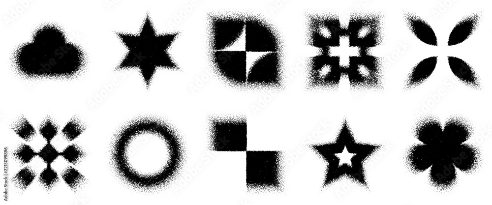 Naklejka premium Gradient texture of snowflake, noise triangle, blurring of dotted grainy square. Burst of circles for checkered airbrush pattern, sun cloud star y2k shape. Half tone diamond, ring flower cloud logo