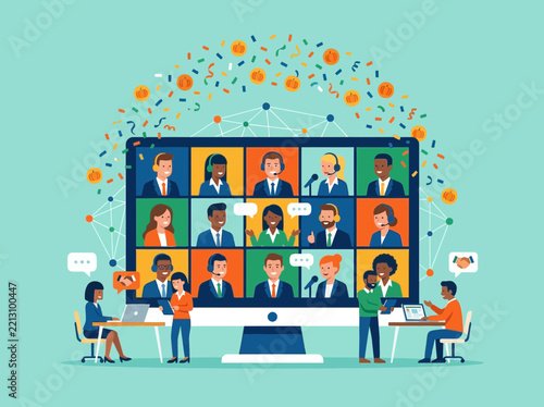 Diverse employees participating in remote video conference meetings with colleagues from around the world using desktop computers and laptops to communicate and collaborate together effectively