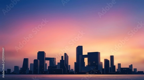 A silhouetted cityscape rises against a vibrant, gradient sky during sunset. The buildings are dark, creating a strong contrast with the colorful sky.