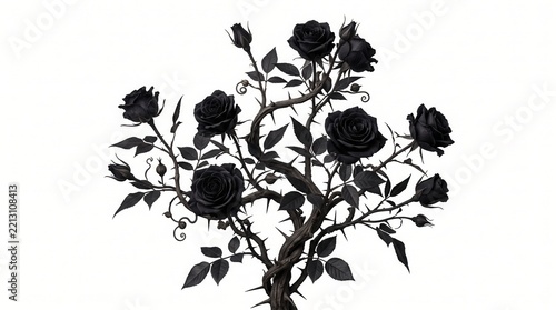 A beautiful thorny black rose bush isolated on white background
