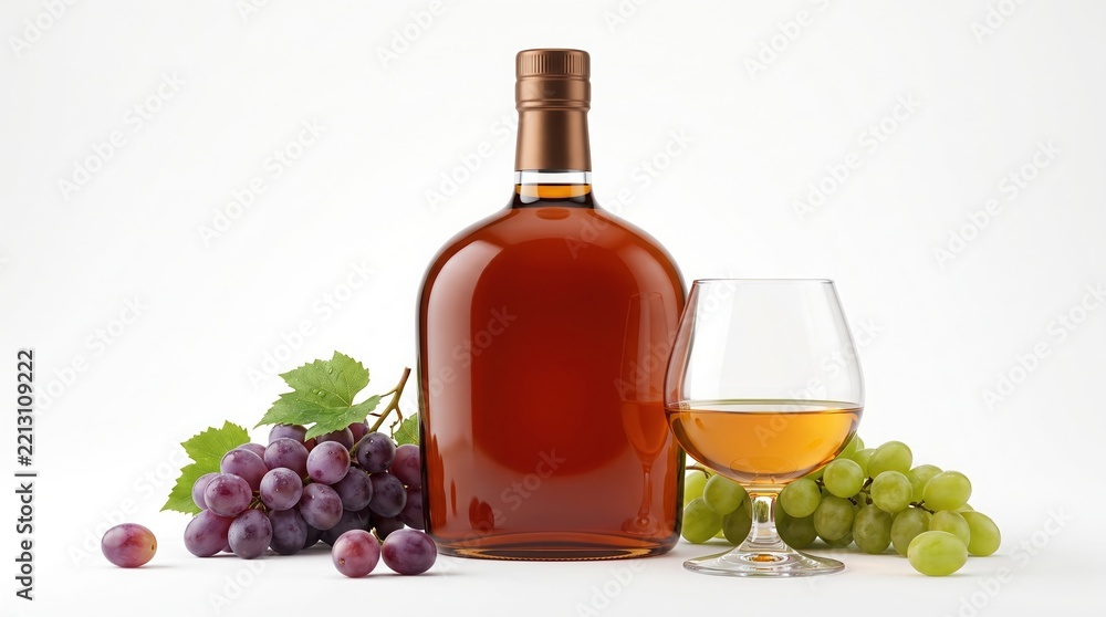 Obraz premium Bottle of brandy and glass with grapes isolated on white background