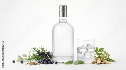 Gin bottle and glass with botanicals isolated on white background
