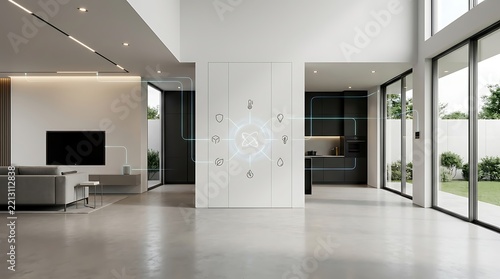 Spacious modern open-plan living room and kitchen interior featuring high ceilings, concrete floors, sliding glass doors, and a central pillar with an overlaid smart home control menu.