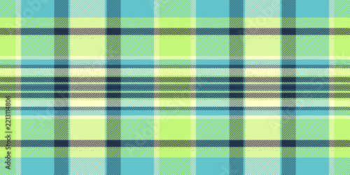 A vibrant, seamless plaid pattern featuring fresh shades of lime green, turquoise, and navy blue. This stylish geometric vector textile design is perfect for apparel, stationery, and home decor.