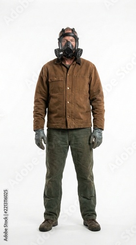 Man in Full Protective Gear with Gas Mask Safety Equipment Workwear Studio Shot