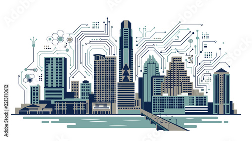 Austin Skyline Smart City Network Vector Illustration