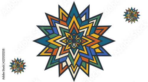 Geometric colorful mandala star ornament illustration with decorative symmetry pattern on white background