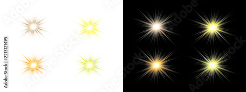 Golden White Starburst Set. Shining Sparkle Effects, Radiant Light Flare Collection, Decorative Glow Elements, Transparent Background