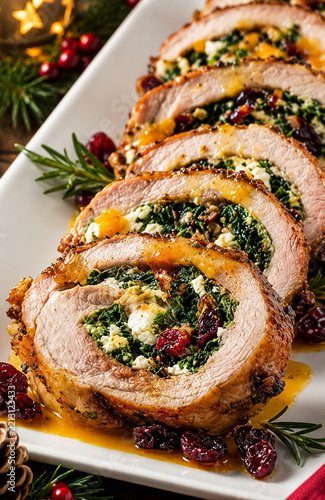 Pork loin stuffed with cranberries, spinach, and feta cheese; Christmas meal, Christmas, family meal.