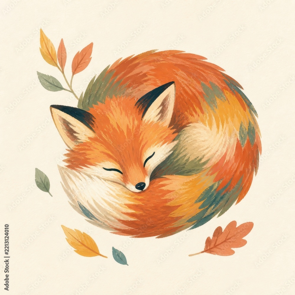 Fototapeta premium Watercolor illustration of a sleeping curled orange fox surrounded by leaves
