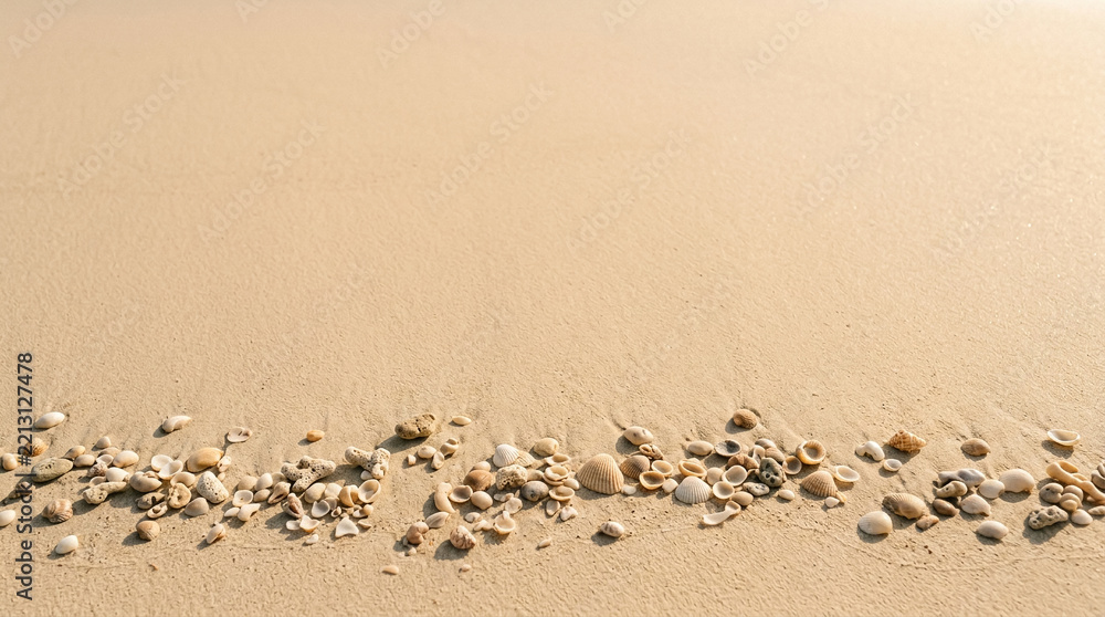 Fototapeta premium Seashells scattered on a sandy beach shore with copy space