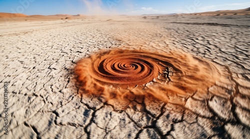 Desert wind causes spiral pattern formation in cracked dry earth creating arid landscape.