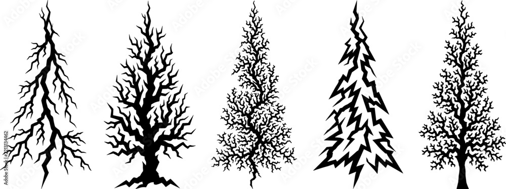 Fototapeta premium Set of black silhouette trees with lightning bolt patterns isolated on a white background