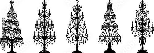 Christmas tree silhouettes with ornate chandelier designs for festive holiday graphic decorations