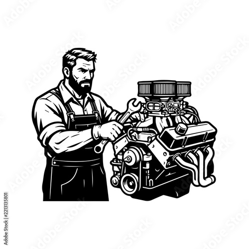 Mechanic repairing a powerful car engine in a classic illustration style.