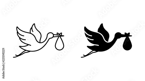 Stork icon carrying baby bundle, minimal line art vector graphic isolated on transparent background