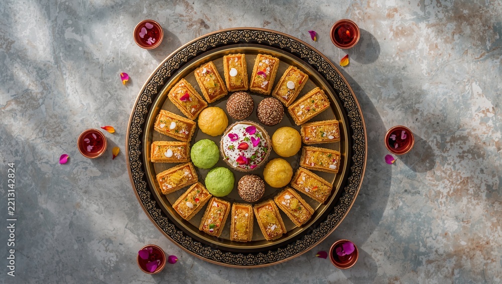 Obraz premium Diwali sweets assortment arranged on a rustic wooden platter with colorful Indian confections, nuts, sprinkles, flower petals, and glowing candles, creating a warm festive display.