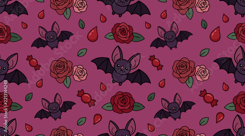 Cute cartoon vampire bat and rose seamless pattern Halloween seamleess
