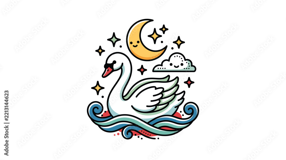 Obraz premium Cute Swan Moon Stars Cloud Whimsical Kawaii Illustration