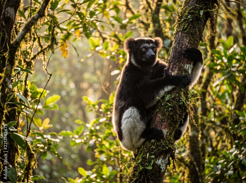 Fototapeta premium Wild Indri Lemur Perched in Madagascar Rainforest Canopy at Sunset