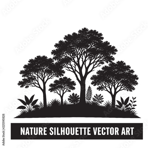 Tree vector illustration set. Black silhouette landscape.