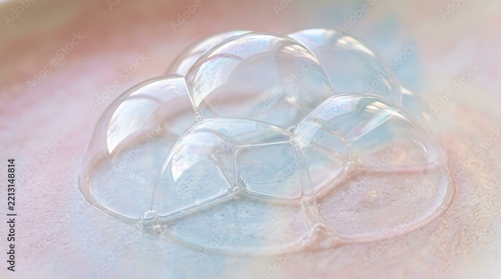 Fototapeta premium Close-up of delicate transparent soap bubbles cluster floating on a soft pastel background