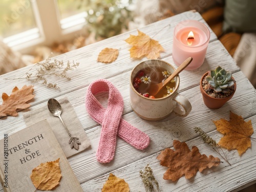The Image Shows A Wooden Table With A Cup Of Tea A Pink Scarf A Small