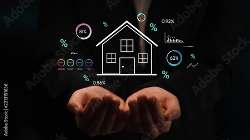Digital Real Estate Analytics and Market Insights Represented by Hands Holding a House Outline with Graphs and Percentages. Entropy.