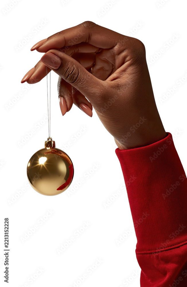 Fototapeta premium PNG Black female hand holding a gold Christmas ornament on white background