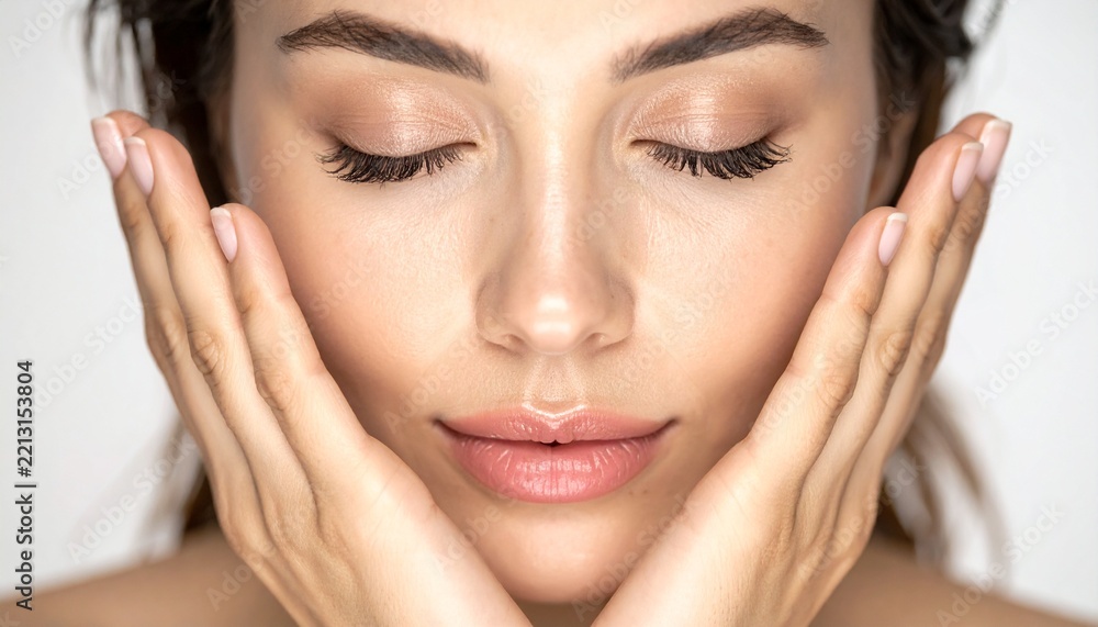 Fototapeta premium Young woman with closed eyes applying skincare product to her face in