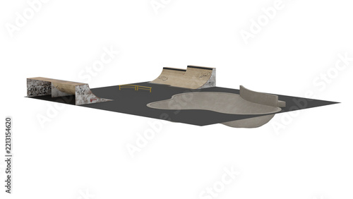 3d rendering of a skatepark with ramps and obstacles for skating