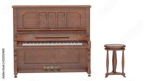3d rendering of a wooden piano with a round table beside it