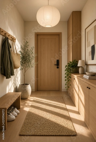 Minimalist wooden entryway hallway with bench shoes hanger and round pendant light