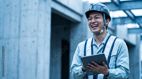建設現場でタブレットを持って笑顔を見せる若手施工管理の男性
