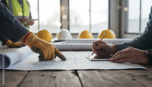 Construction professionals collaborating on architectural blueprints at a wooden table with safety helmets in the background, focusing on project planning and design
