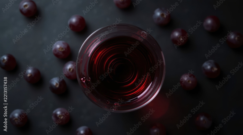 Fototapeta premium Red wine glass overhead on dark surface with scattered grape fruit and dramatic lighting