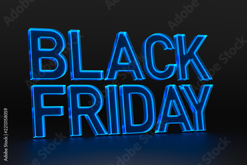 Black Friday text stands in bright blue illuminated letters on dark background. Large dimensional typography emphasizes seasonal retail deals and energetic shopping promotion. 3D illustration
